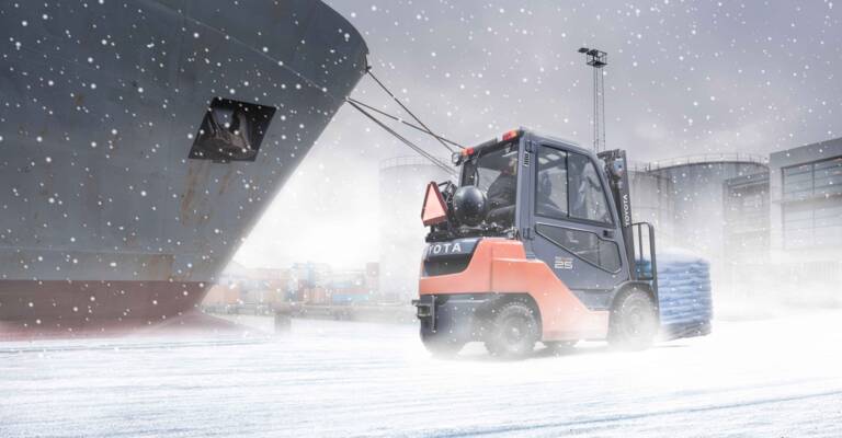 toyota forklift truck operating in the snow